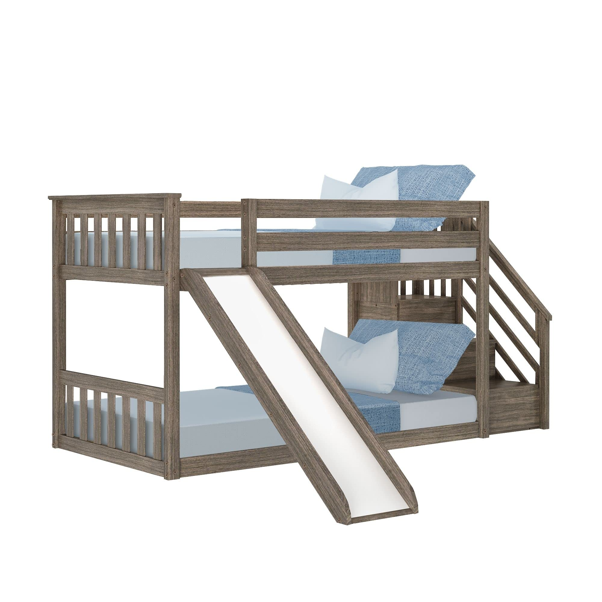 【Furniture】【BS】Low Bunk Bed, Twin-Over-Twin Bed Frame for Kids with Stairs & Slide, Clay