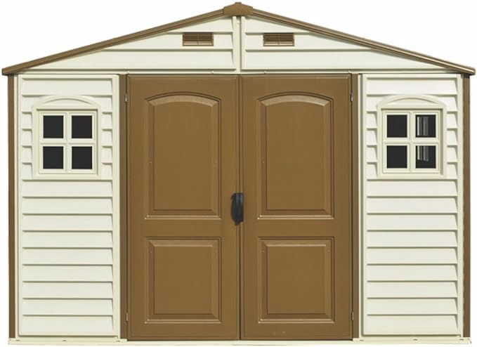 Duramax WoodSide 10 x 8 (8.02 m2) Plastic Garden Shed with 3 Fixed Windows & Metal Foundation Kit, Strong Metal Roof Structure Fire Retardant and Maintenance-Free Storage Shed - Ivory/Brown