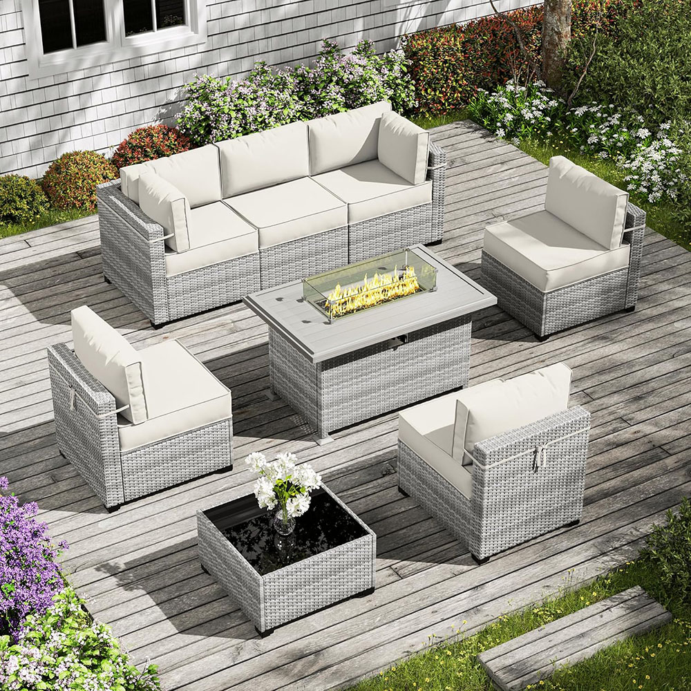 8-Piece Patio Furniture Set With Fire Pit Table, With 5