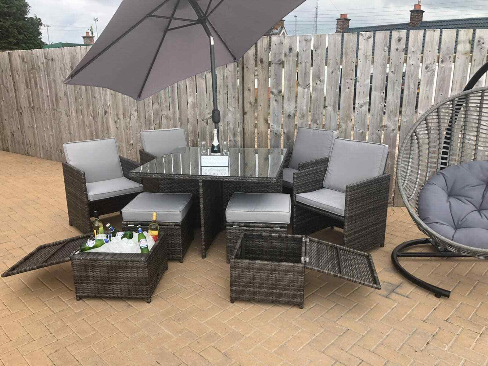 GREY RATTAN CUBE GARDEN FURNITURE SET PATIO DINING PARASOL ALUMINIUM IN STOCK