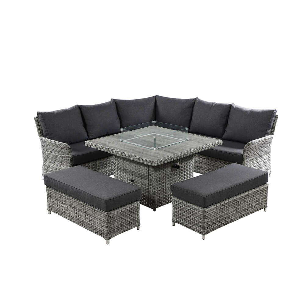 Hartman Heritage Grand Square Tuscan Casual Dining Set with Fire Pit Table – Ash/Slate