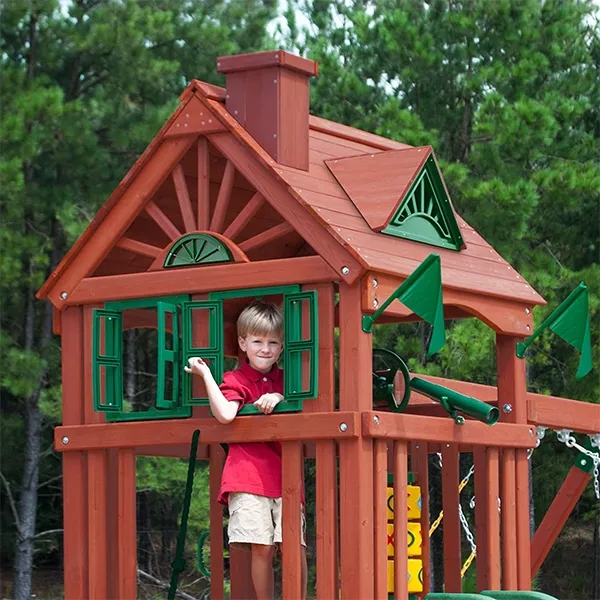 WOODEN SWING SET WITH WOODEN ROOF, TWO SWINGS, SLIDING