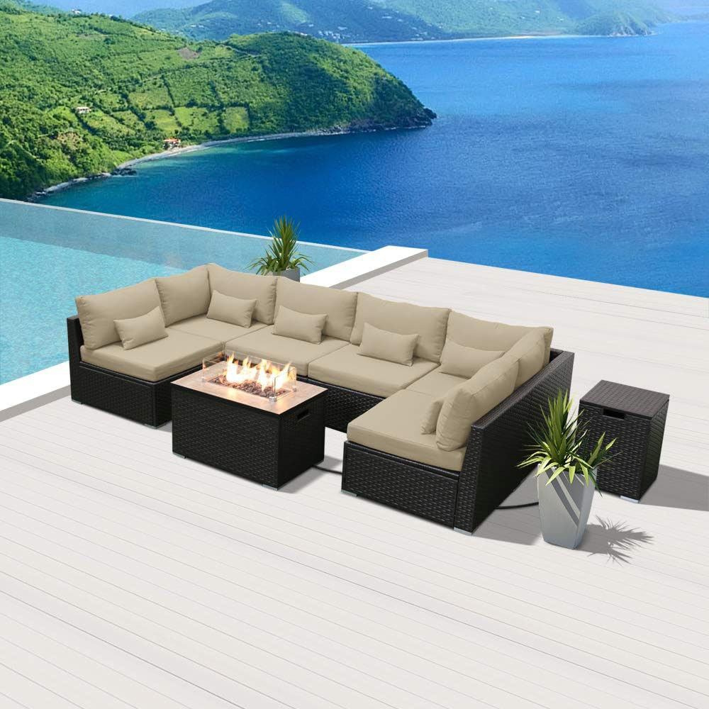 Dineli Sectional Sofa with Gas/Propane Fire Pit Table Outdoor Patio Furniture Sets